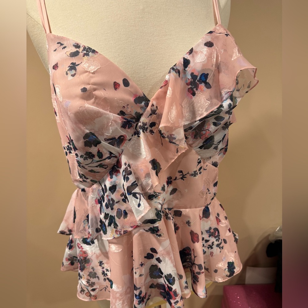Marchesa Notte blush floral top ruffles on one side. Size 12 NWT